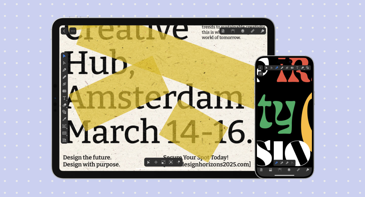 Amadine app on an iPad and iPhone with examples of different font usage.