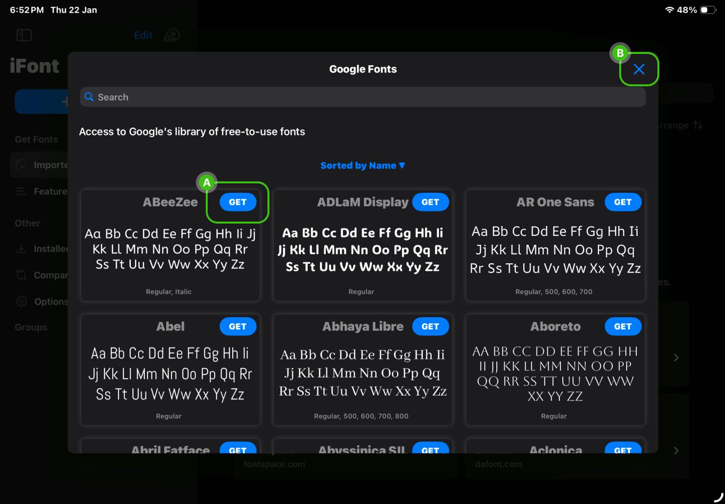 Picking the fonts you like for import with iFont.
