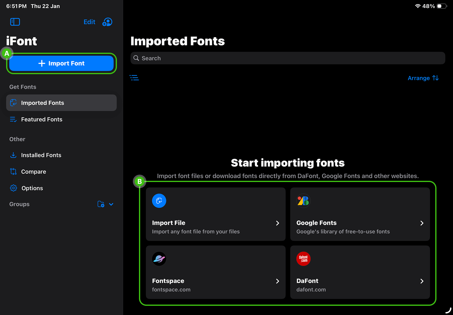 Select the fonts for import with iFont.