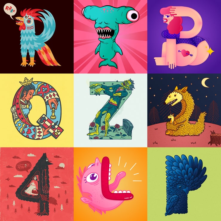 Cartoon characters letters created in Amadine