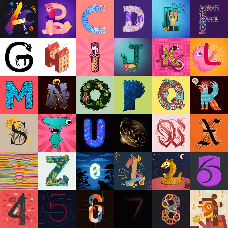 All 36 letters of Latin alphabet and numbers in one illustration