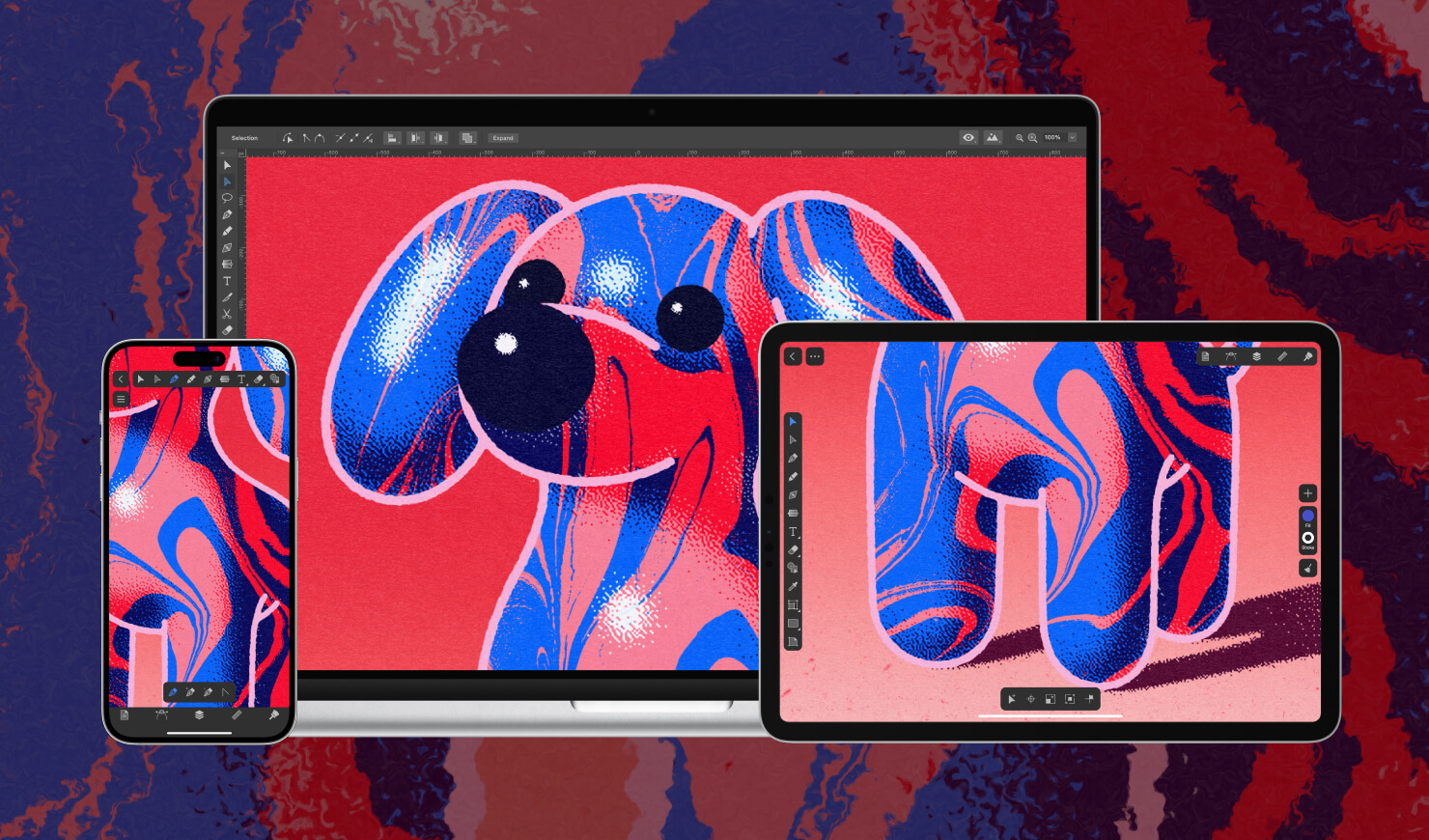 Amadine app interface demonstrating an illustration on Mac, iPad and iPhone.