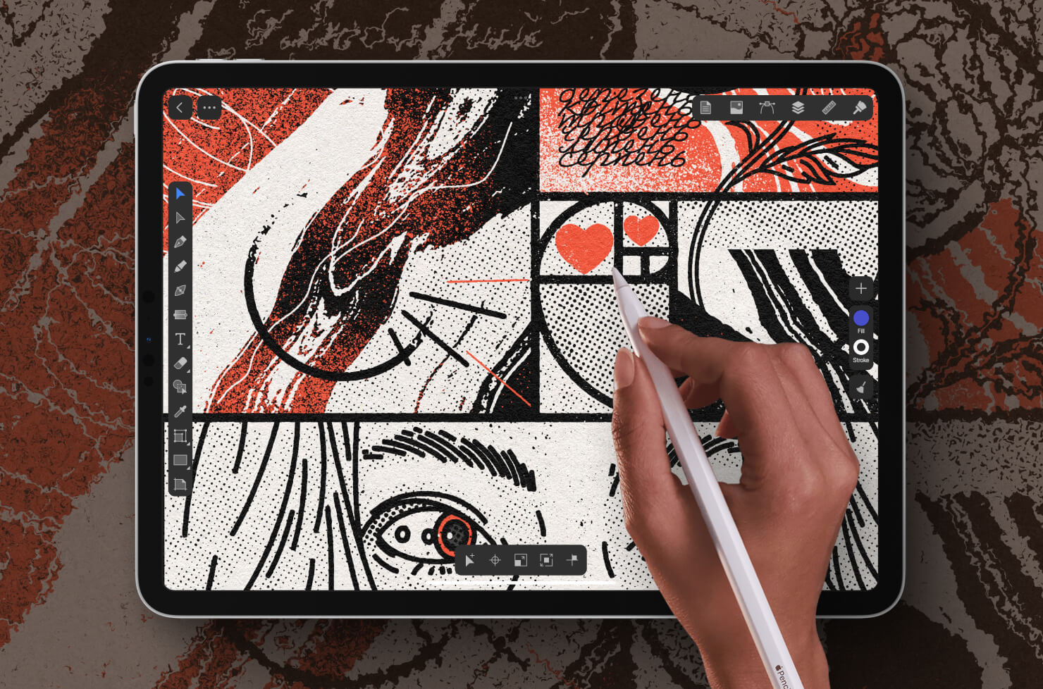iPad with Apple Pencil demonstrating illustration practice in Amadine.