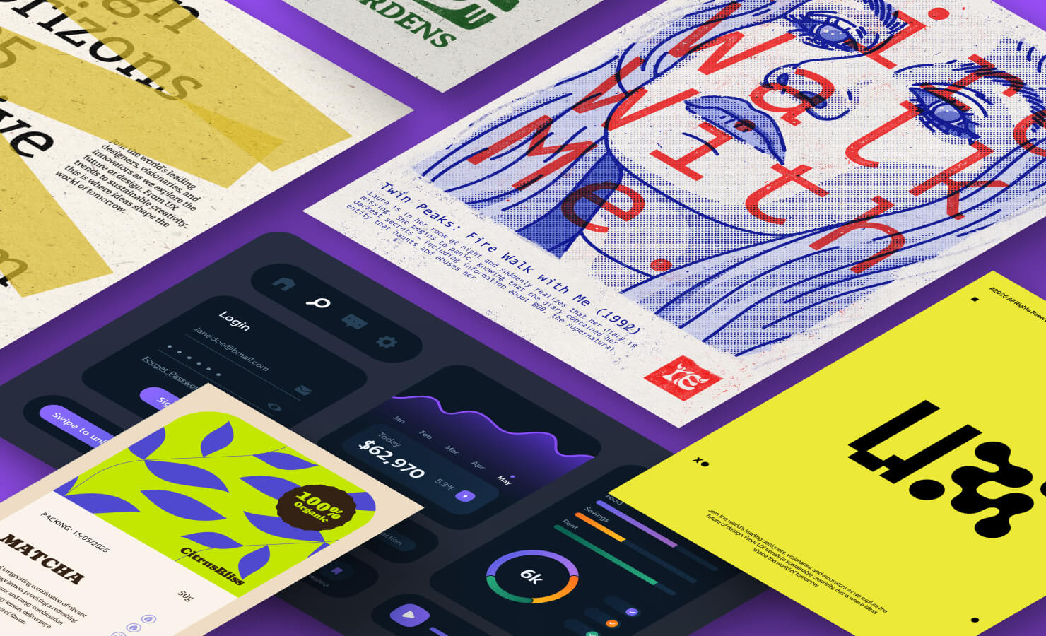 Illustration showing major graphic design deliverables, including branding and identity elements, UI/UX interface designs, marketing graphics, editorial layouts, and product packaging.