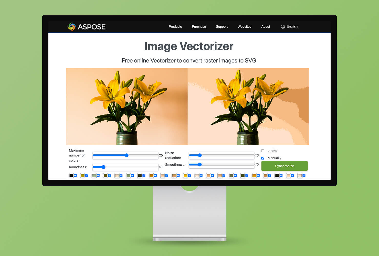 MacBook Pro with Aspose Image Vectorizer interface.