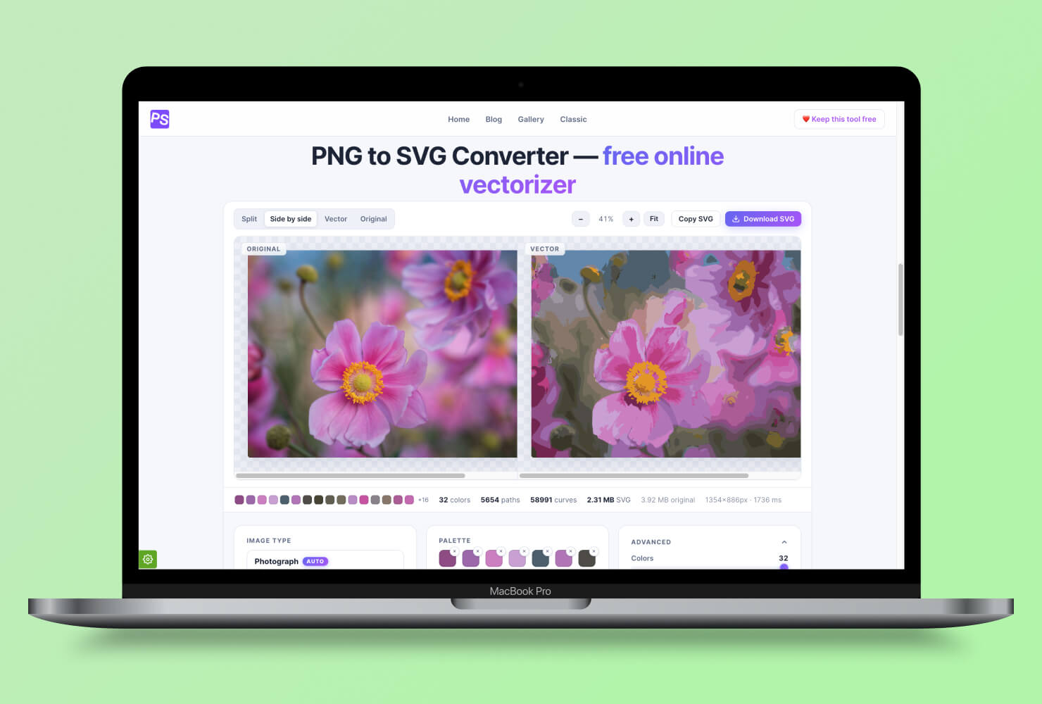 MacBook Pro with PNG to SVG Converter interface.
