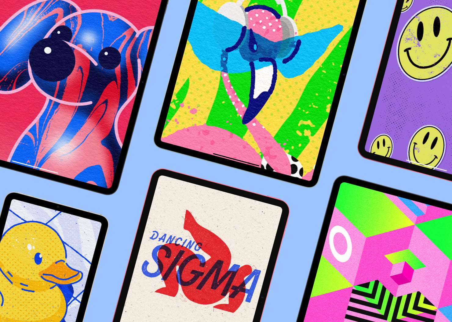 Different iPads with illustrations created in the Amadine app.