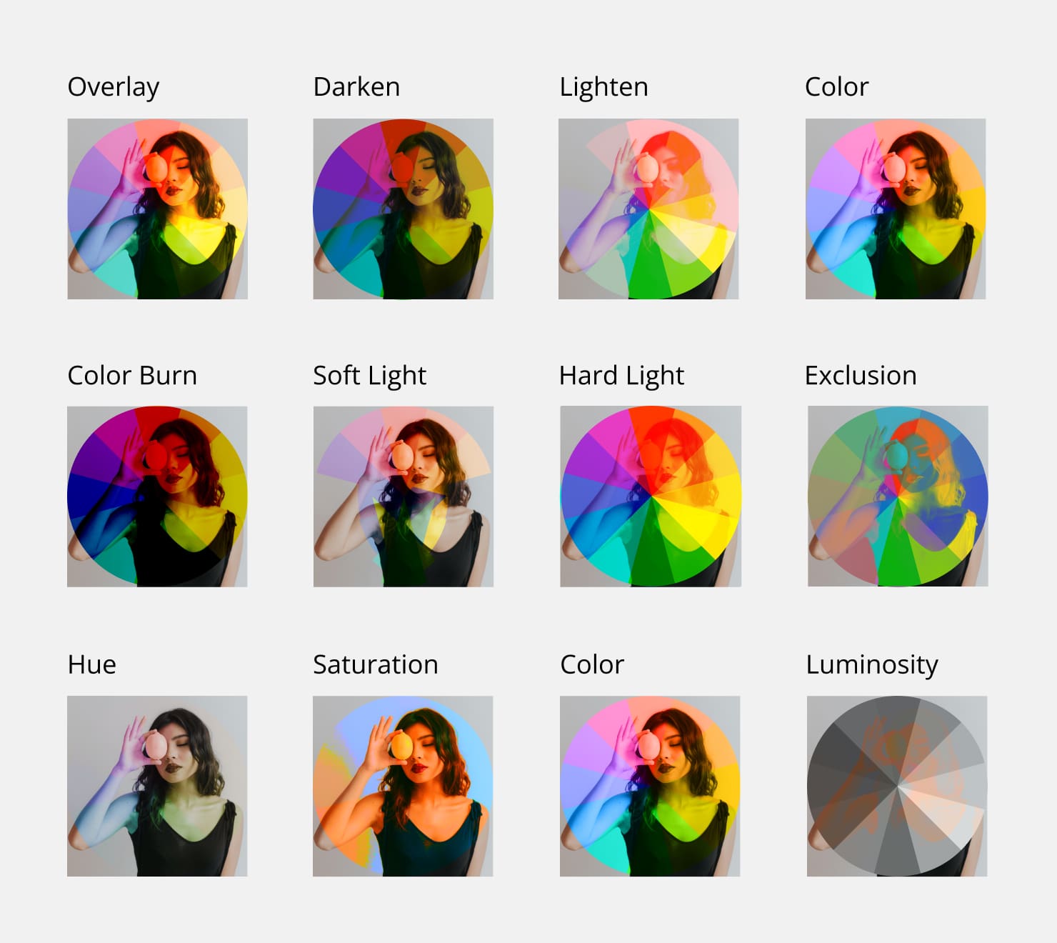 Different options of blend modes applied to the design.