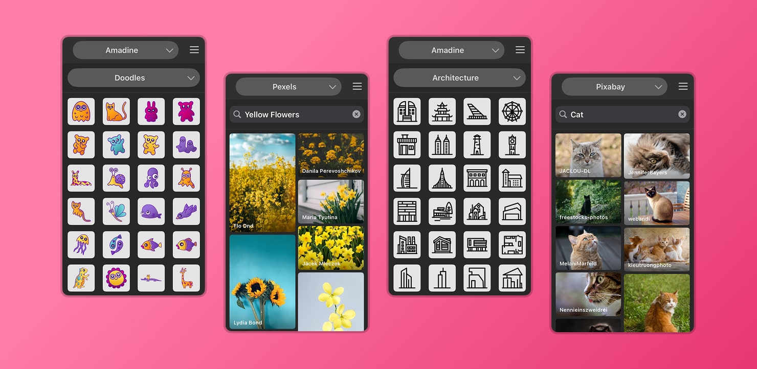 Different types of built-in libraries and image stocks in the Amadine app.