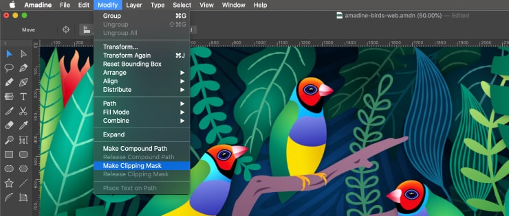 Clipping Mask operation in Amadine for Mac menu 