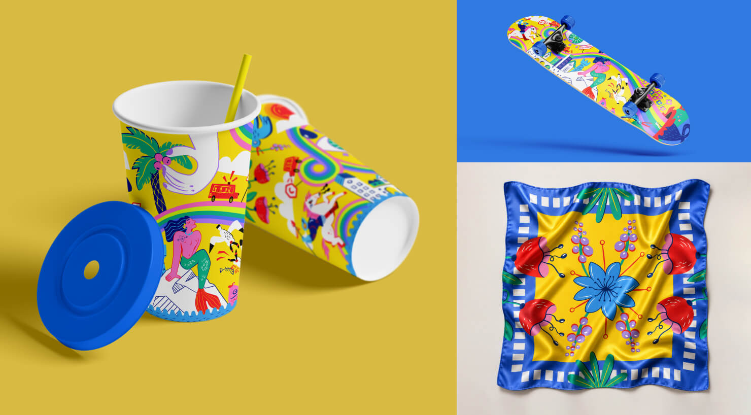 Colorful product mockups used to demonstrate accurate color calibration across different materials and surfaces.