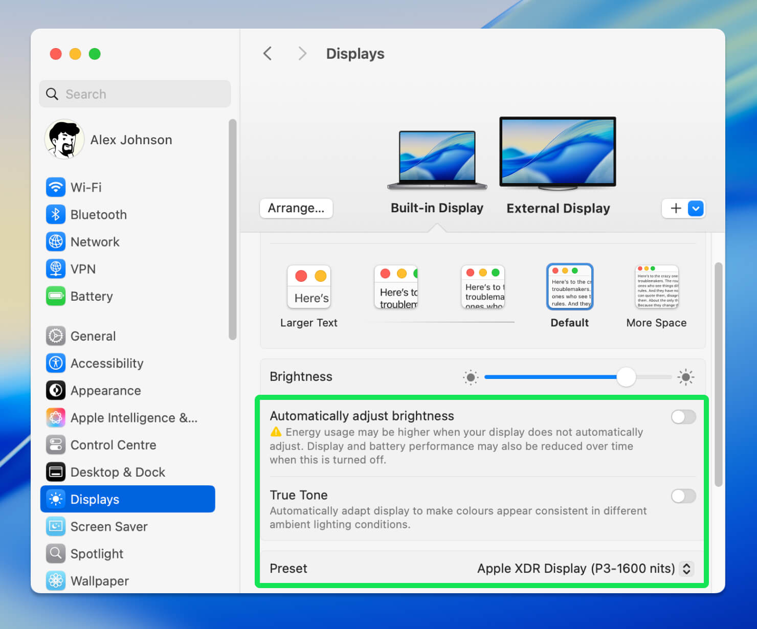 Mac Display settings showing Apple Reference Modes and display presets used for accurate color calibration.