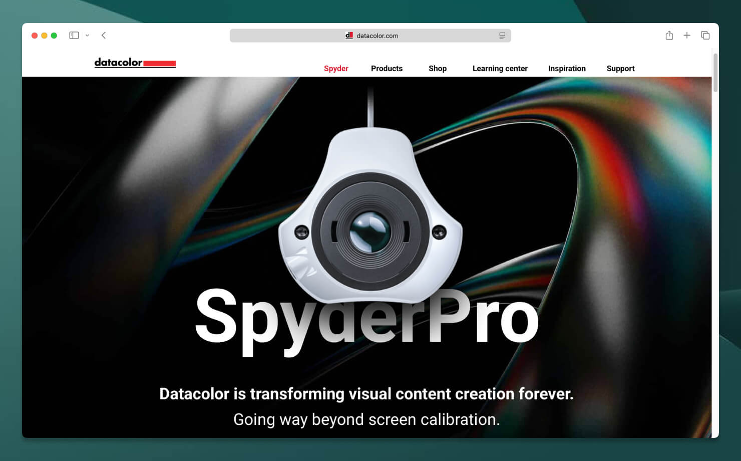 SpyderPro website offering hardware color calibration solutions for creative professionals.