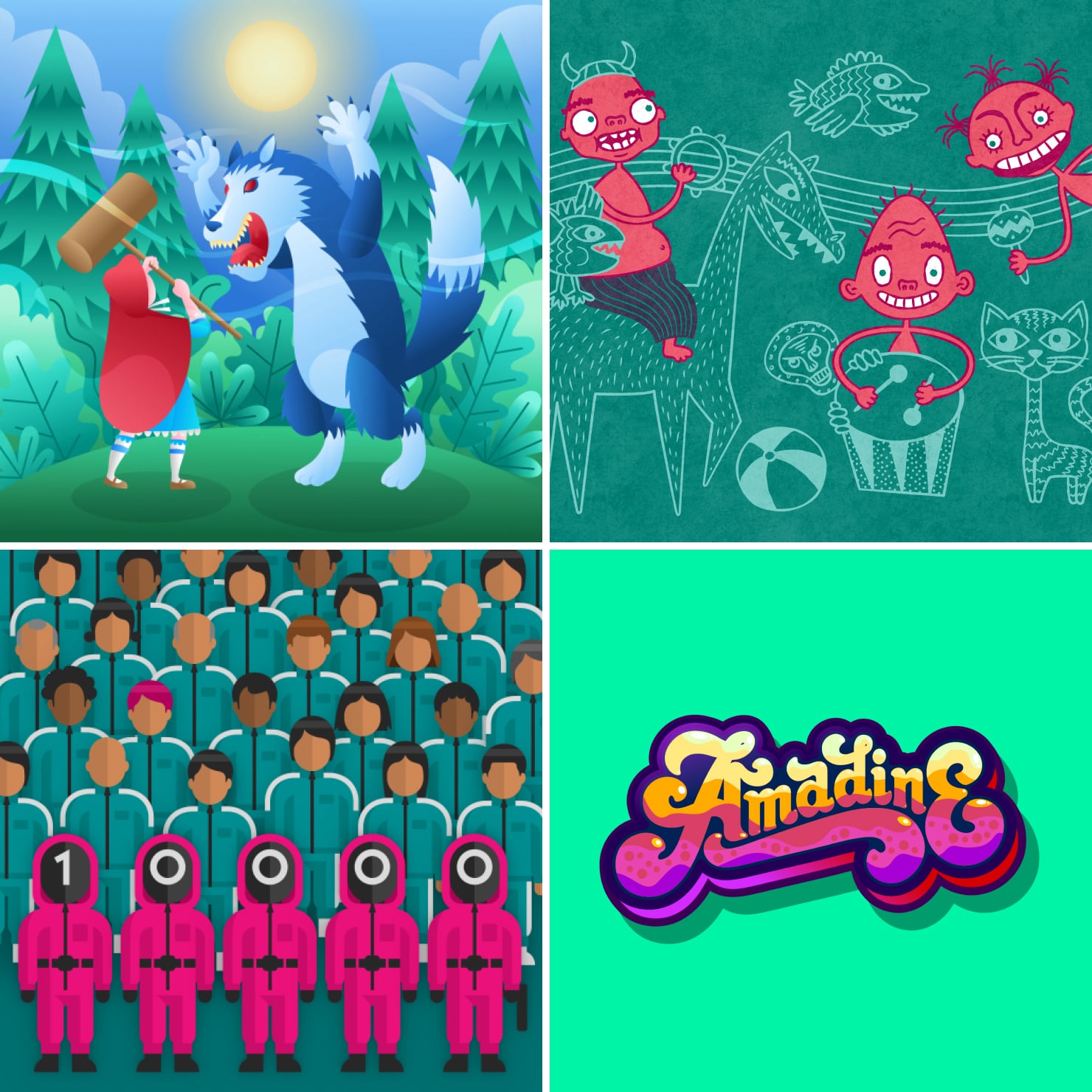 Crimson & green color combination illustrations.