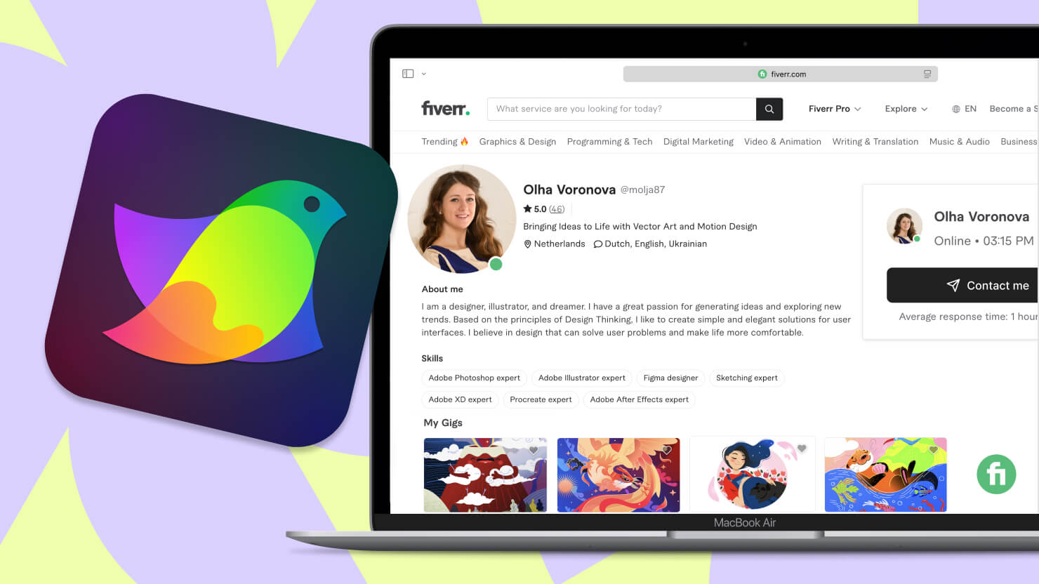 The image with the Amadine app icon and Olha Voronova’s profile on Fiverr.