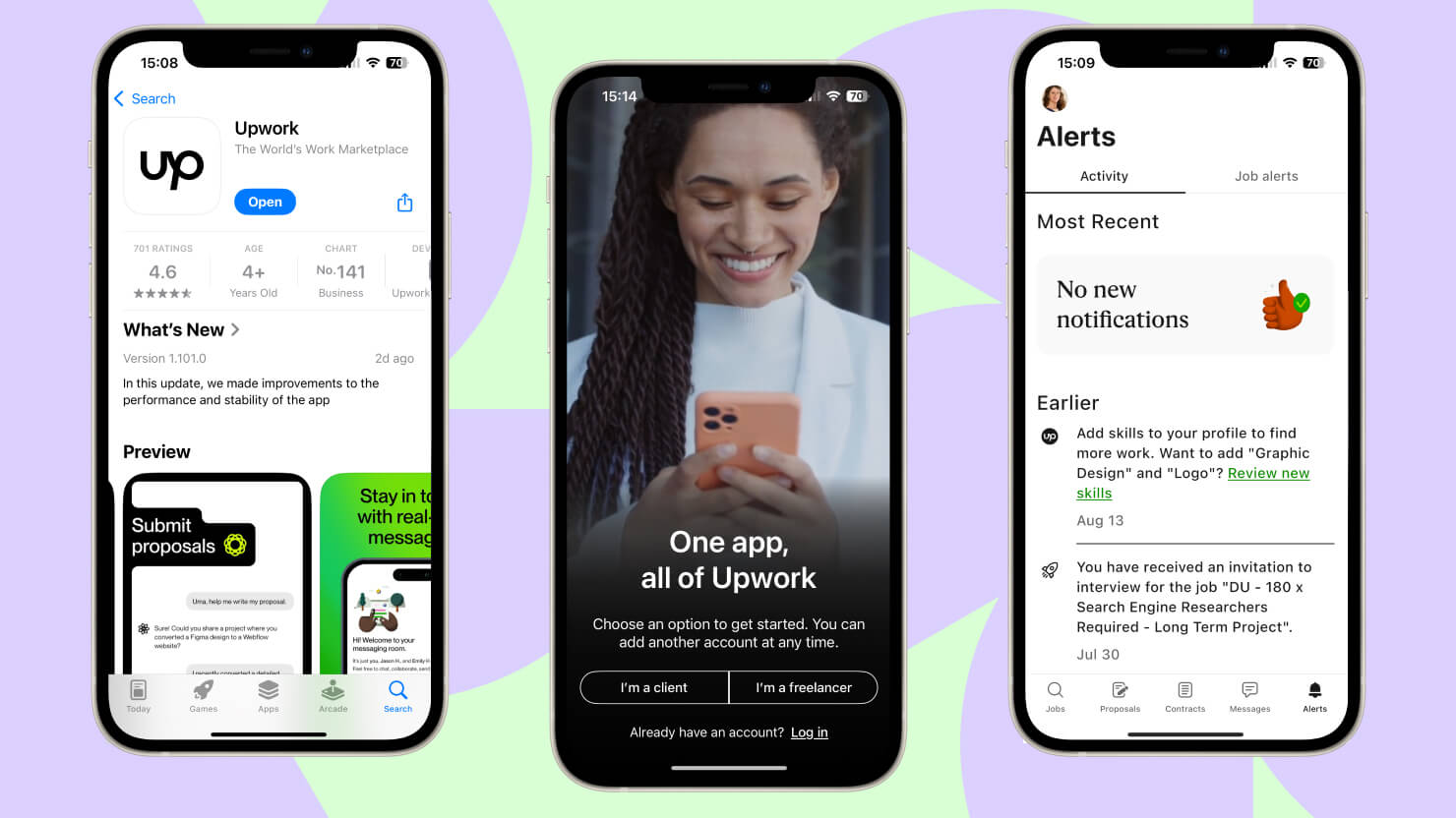 Upwork and Fiverr mobile apps visualizations on iPhones.