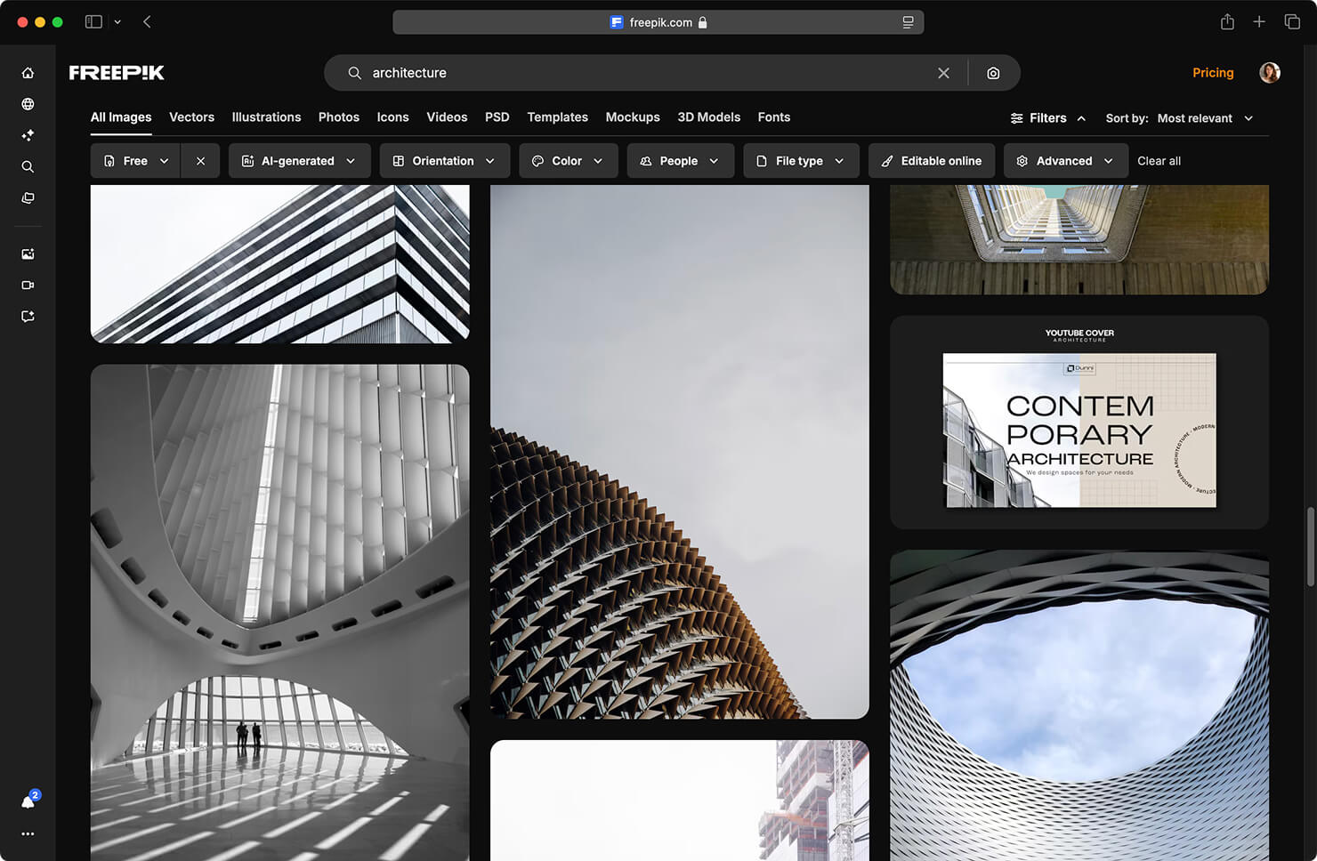 Freepik website with architecture search.