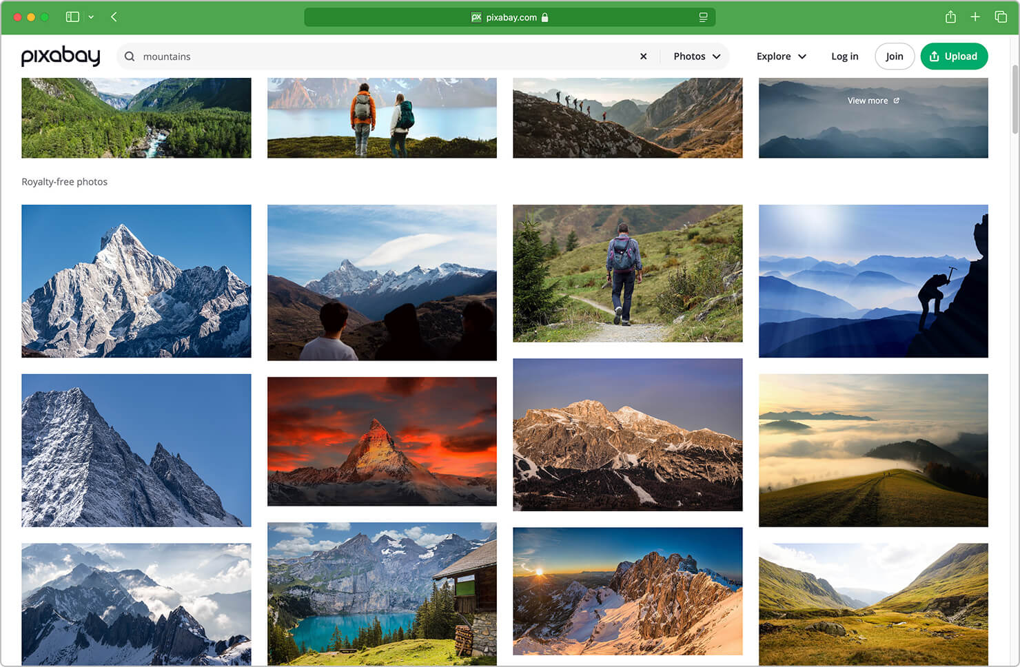 Pixabay website with mountains search.