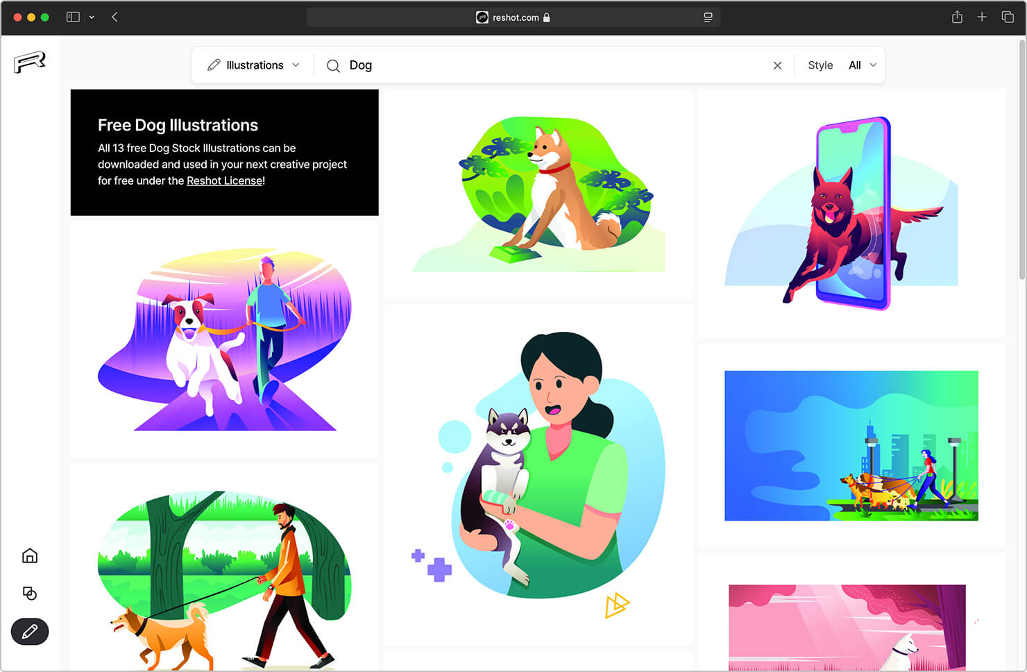 Reshot website with free dog illustrations.