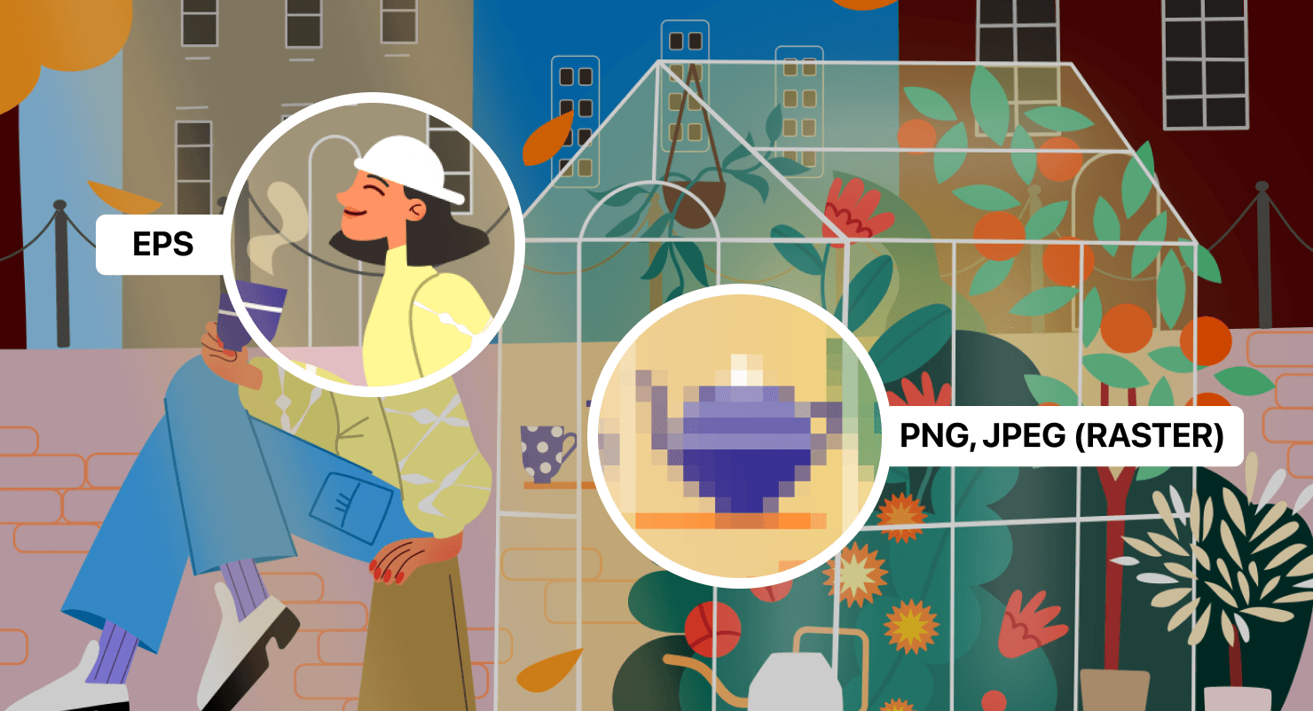 Visual representation of EPS vs. raster file formats on an illustration.