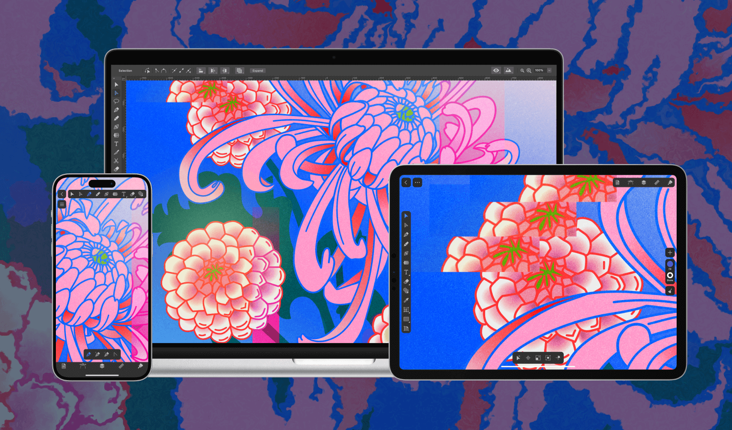 An illustration opened in the Amadine app on a MacBook, iPad and iPhone.