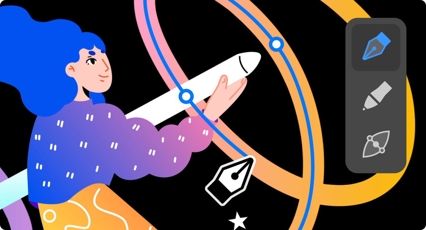 Examples of the tools in the Amadine app: Pen tool, Draw tool, Path Width tool.