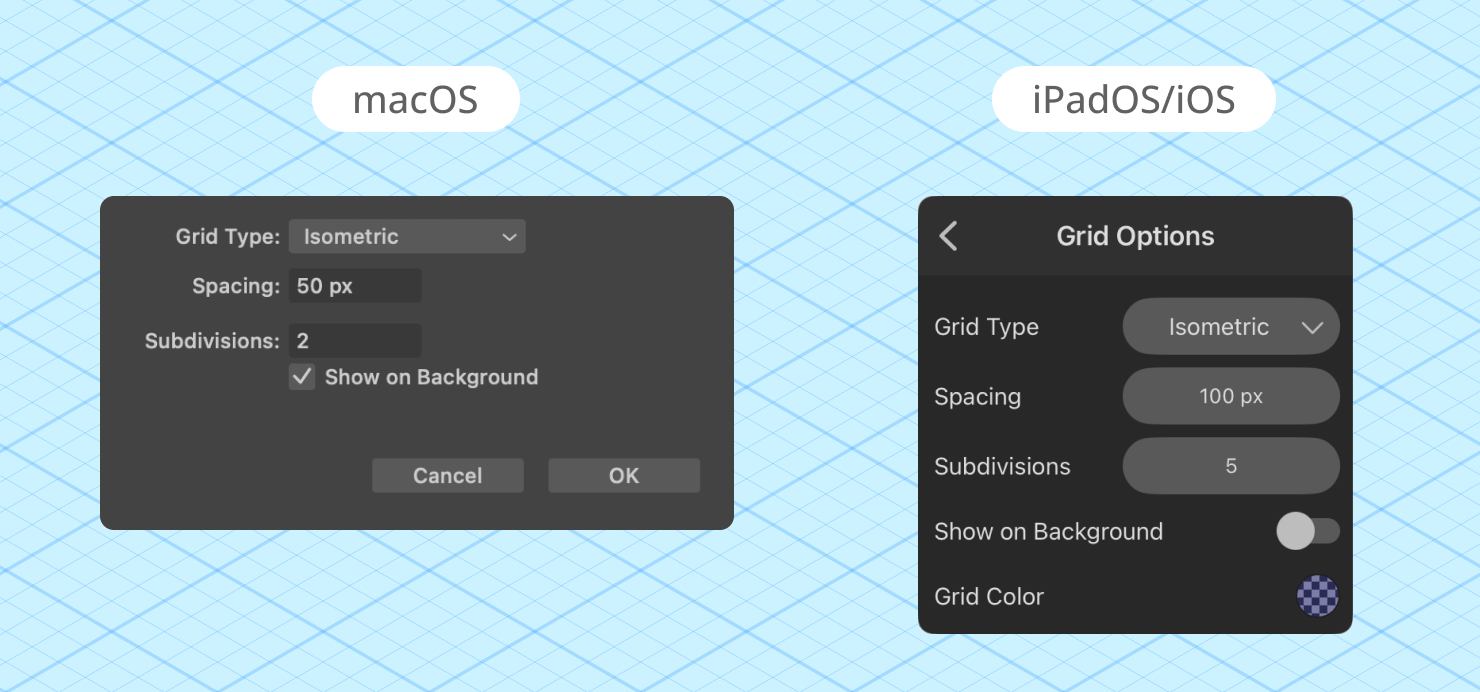 Grid settings in the Amadine app on a Mac and iPad.