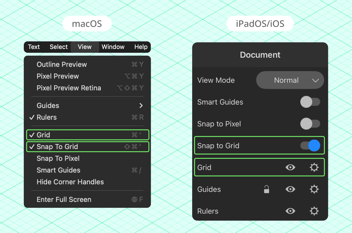 Grids and Guides in the Amadine app UI on a Mac and iPad.