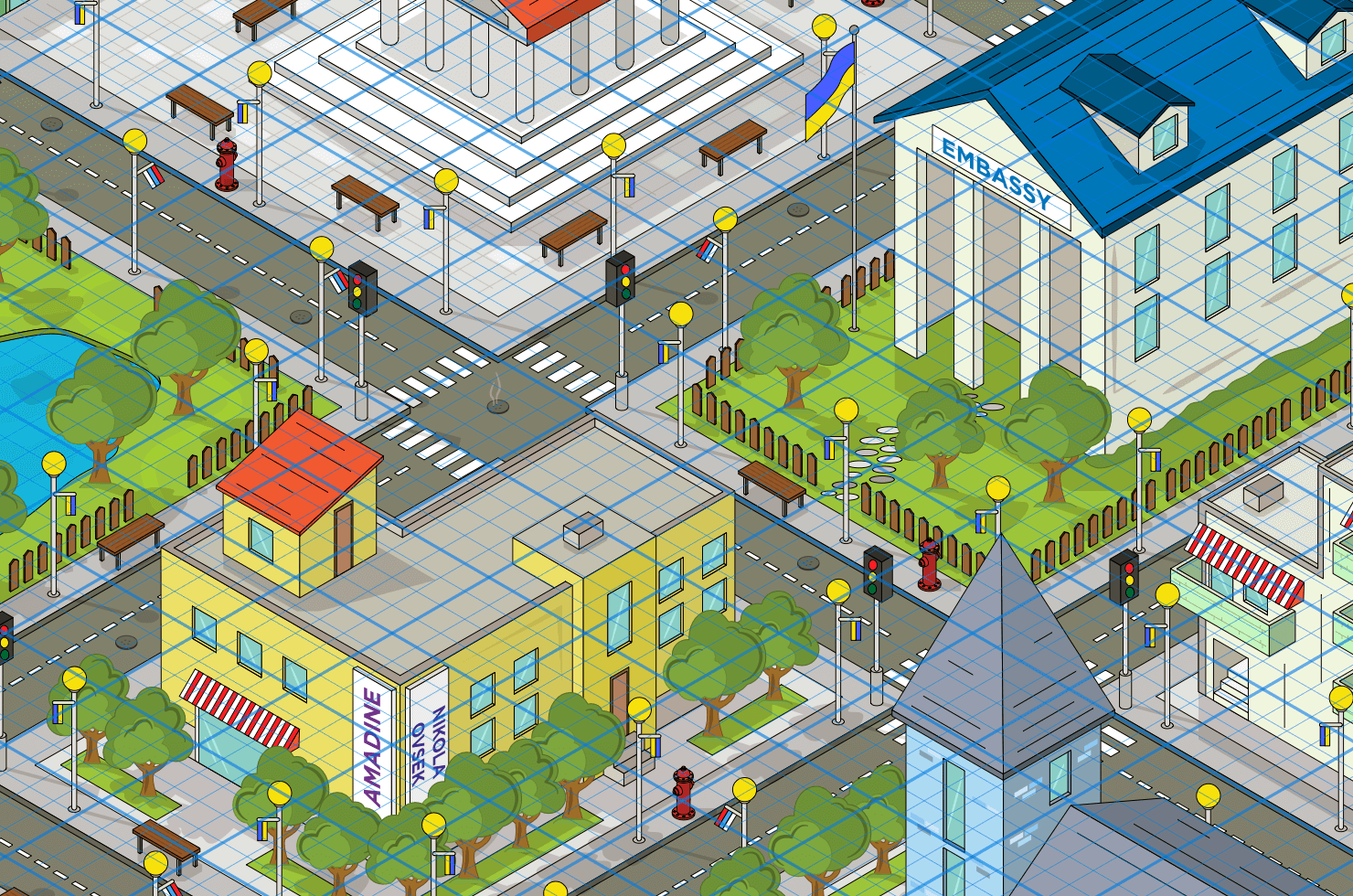 An isometric grid on the illustration with 3D effect created in the Amadine app.