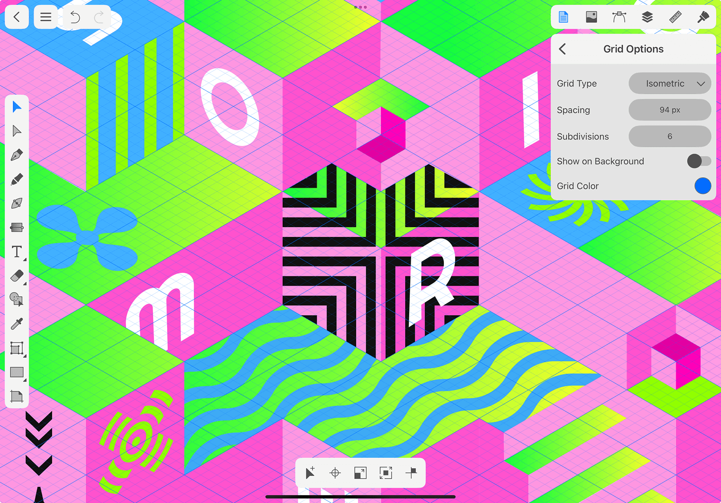 An isometric grid on the illustration in the Amadine app UI on an iPad.