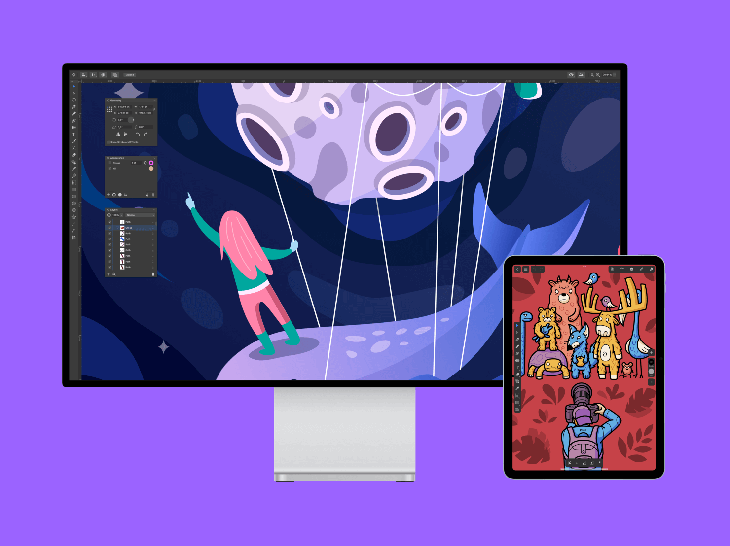 Amadine interface with detached panels on a Mac and vertical interface orientation on an iPad.