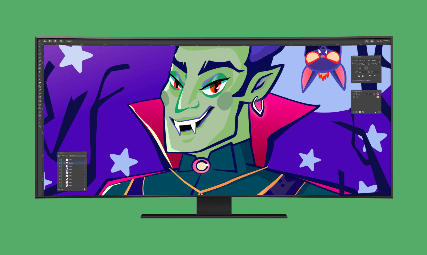 Ultra-wide monitor with conveniently detached panels in the Amadine app.