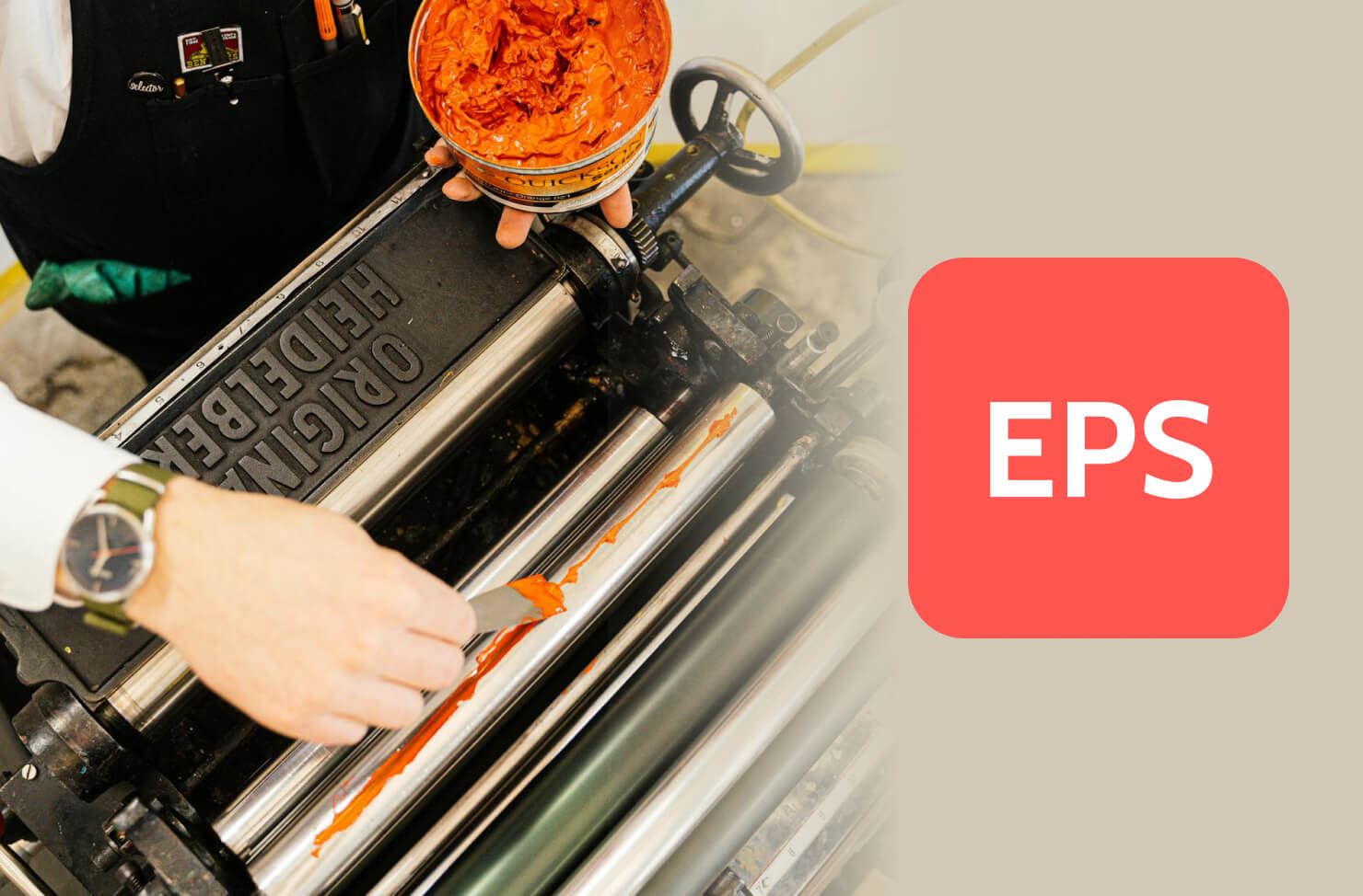 Illustration with a printing press in a print shop and EPS file format name.