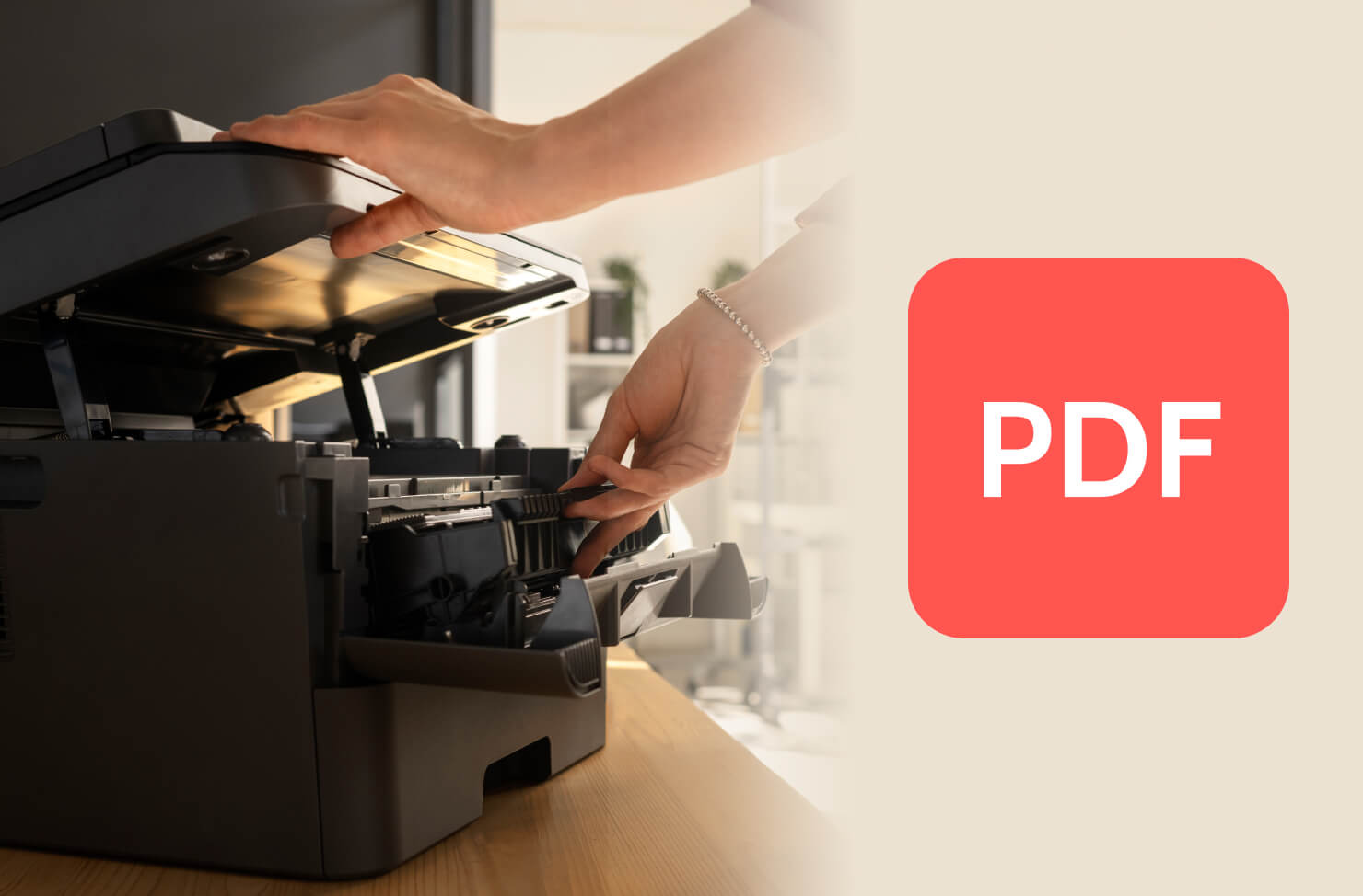 Illustration with a printer and PDF file format name.