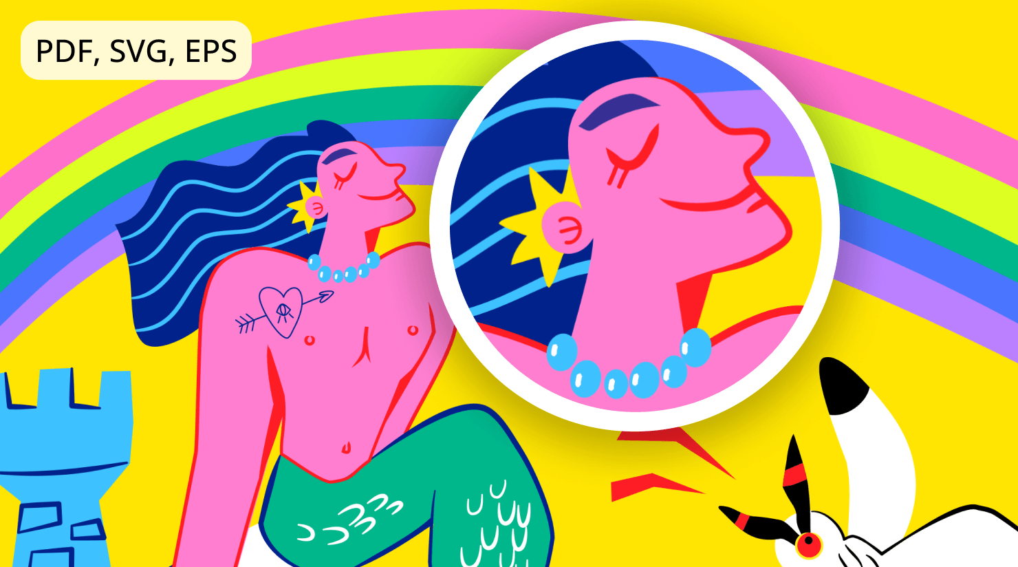 Illustration with PDF, SVG, EPS file format names demonstrating scalability of vector images.