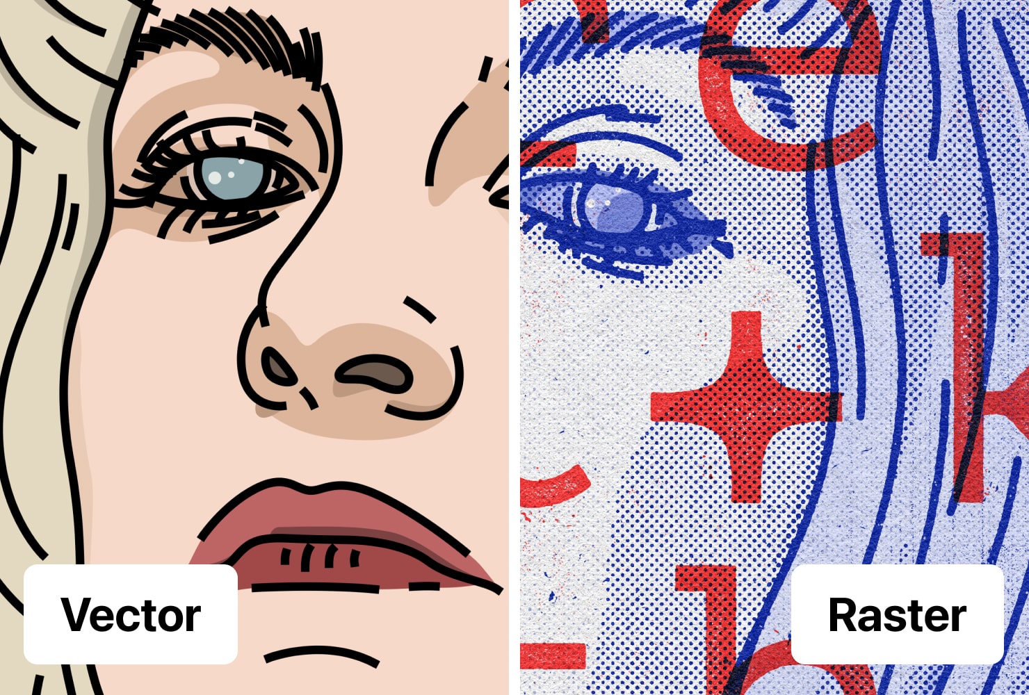 The visual difference between a raster file vs. a vector file.