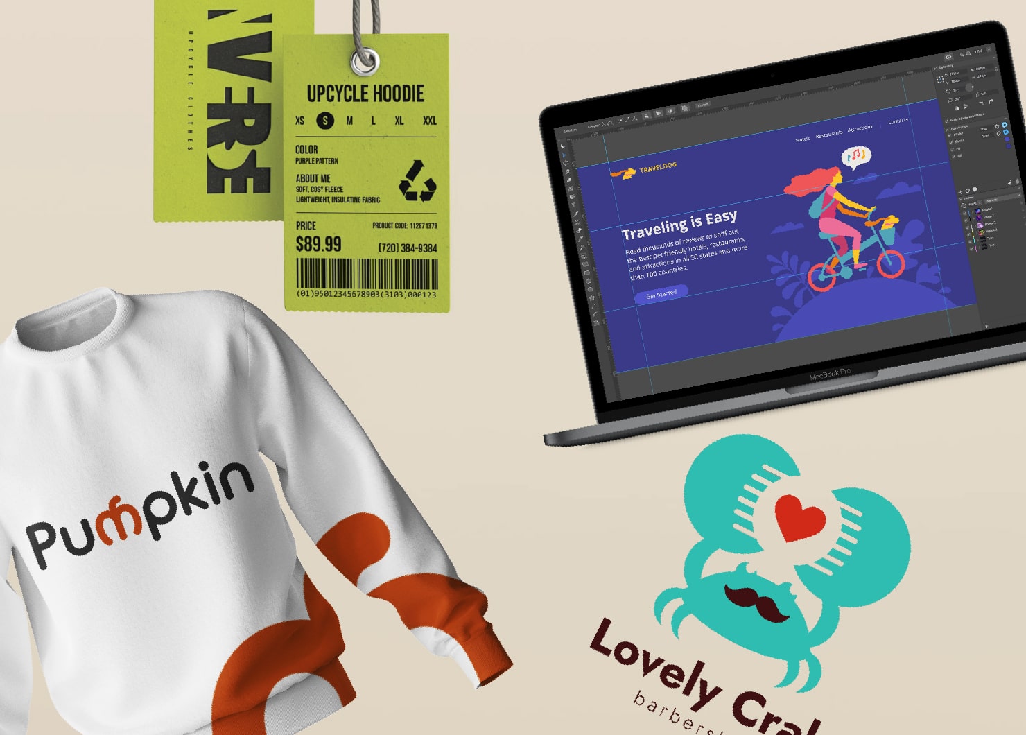 Different use cases for raster and vector files: textile print, product hang tag, website design and logo design.