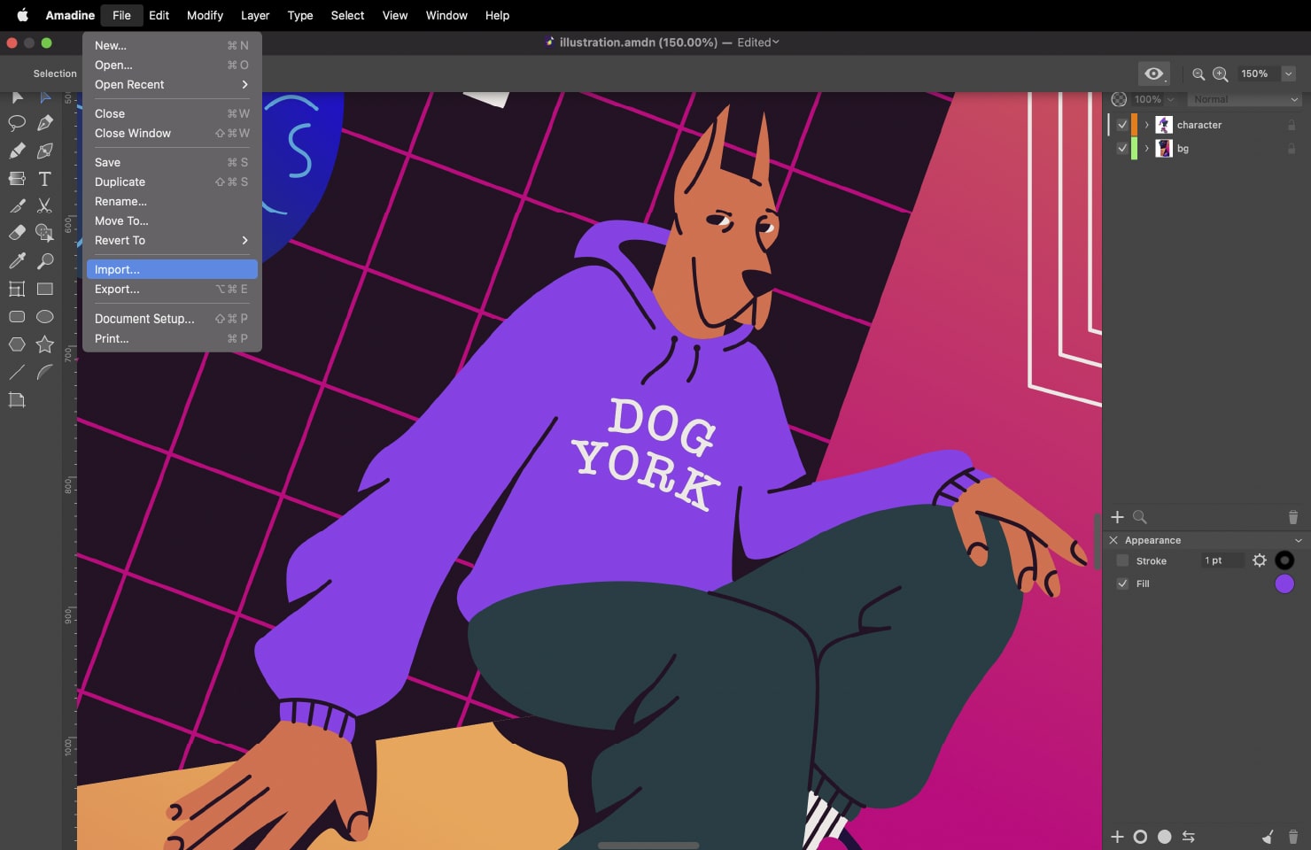 Amadine Import in the File menu.