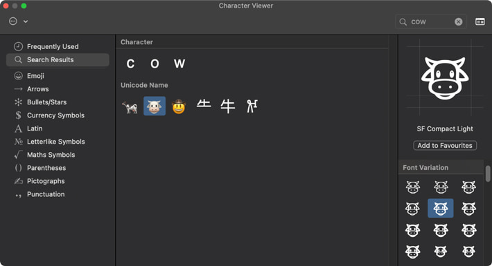 SF Symbols in Emoji & Symbols panel on a Mac