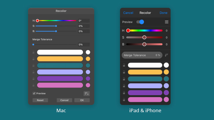 The Recolor panel in the Mac and iOS versions of Amadine.
