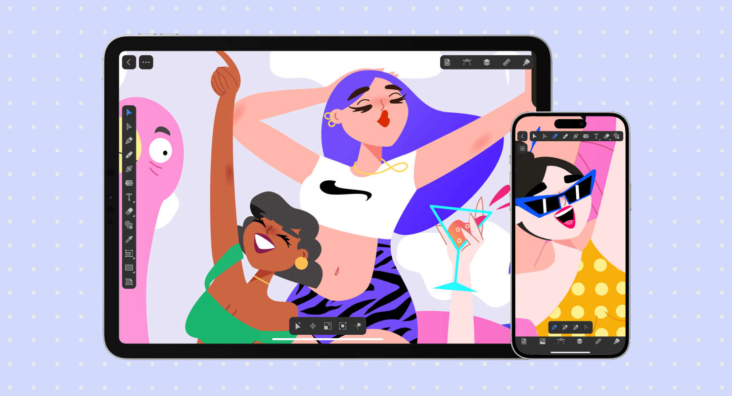 An illustration shows vector graphics with the same quality when opened on an iPad and iPhone.