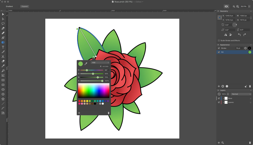 Gradient color being added to the rose leaves
