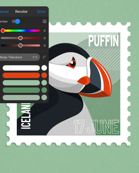 Illustration demonstrates Recolor panel possibilities in the Amadine app.