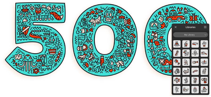 Library panel next to illustration using built-in vector icons.