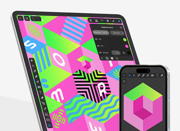 iPhone and iPad with Amadine illustration demonstrating Isometric grid.