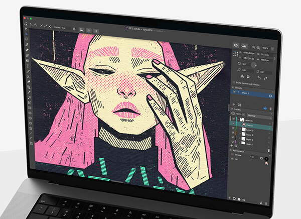 MacBook with Amadine UI and illustration.
