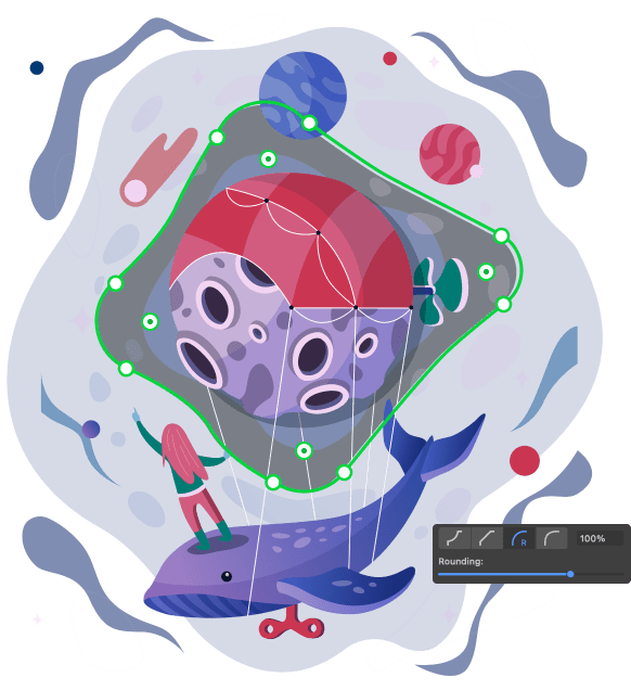 Rounded Corners art with interface details.