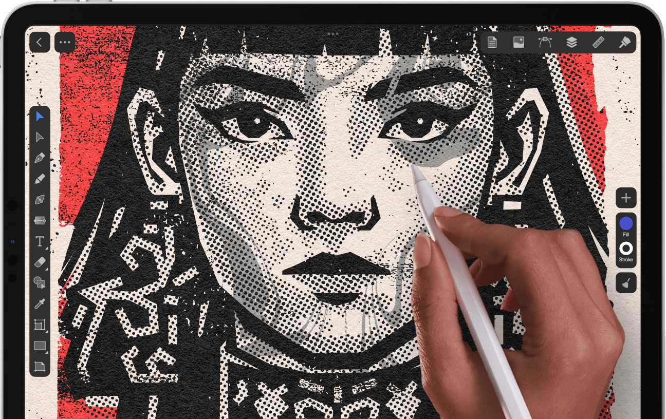 Amadine UI on an iPad with contemporary illustration.
