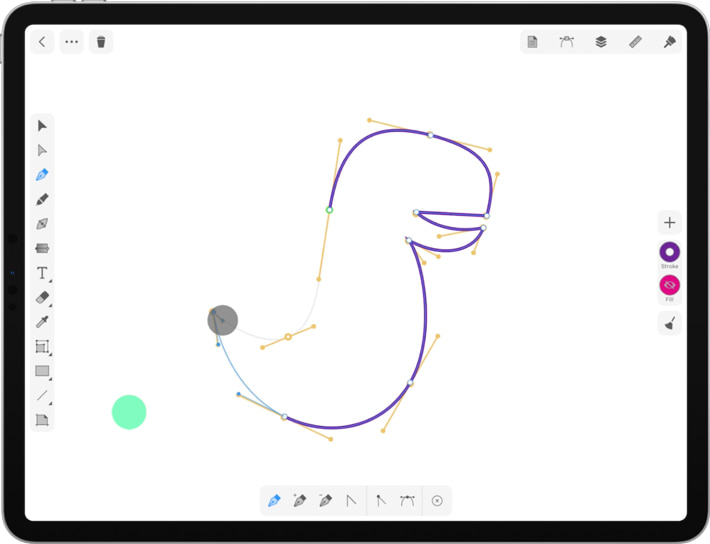 The process of adding more curved paths to trace dinosaur’s body in Amadine on iPad