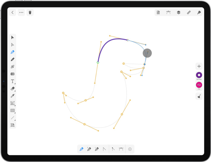 The process of curved path adding in Amadine on iPad